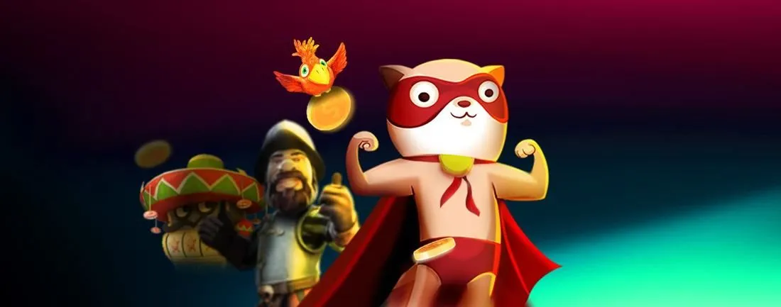SuperCat Casino Casino SuperCat – baner z kotem w czerwonej pelerynie i automatami
